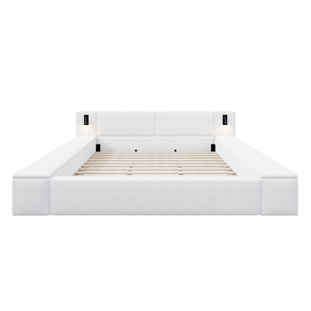 Upholstered Platform Bed Frame With Hidden Storage, Built-In Nightstands & LED Reading Lights
