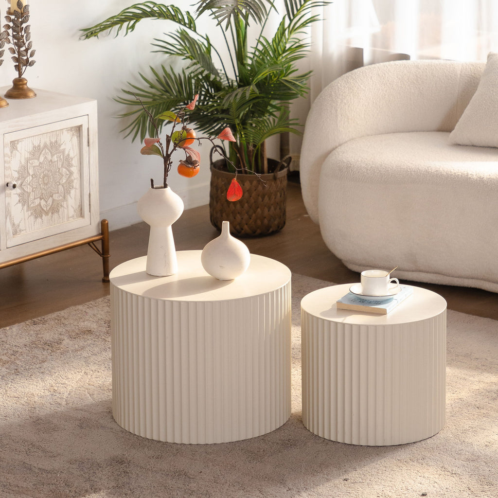 Drum Nesting Coffee Table With Wave Stripe Design For Living Room (Set of 2) - Beige / White