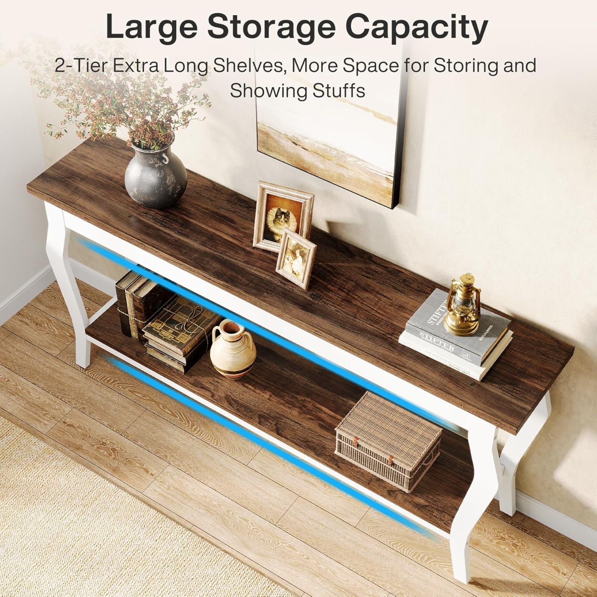 Console Table With Design, Extra Long Sofa Table For Living Entryway - Brown / White