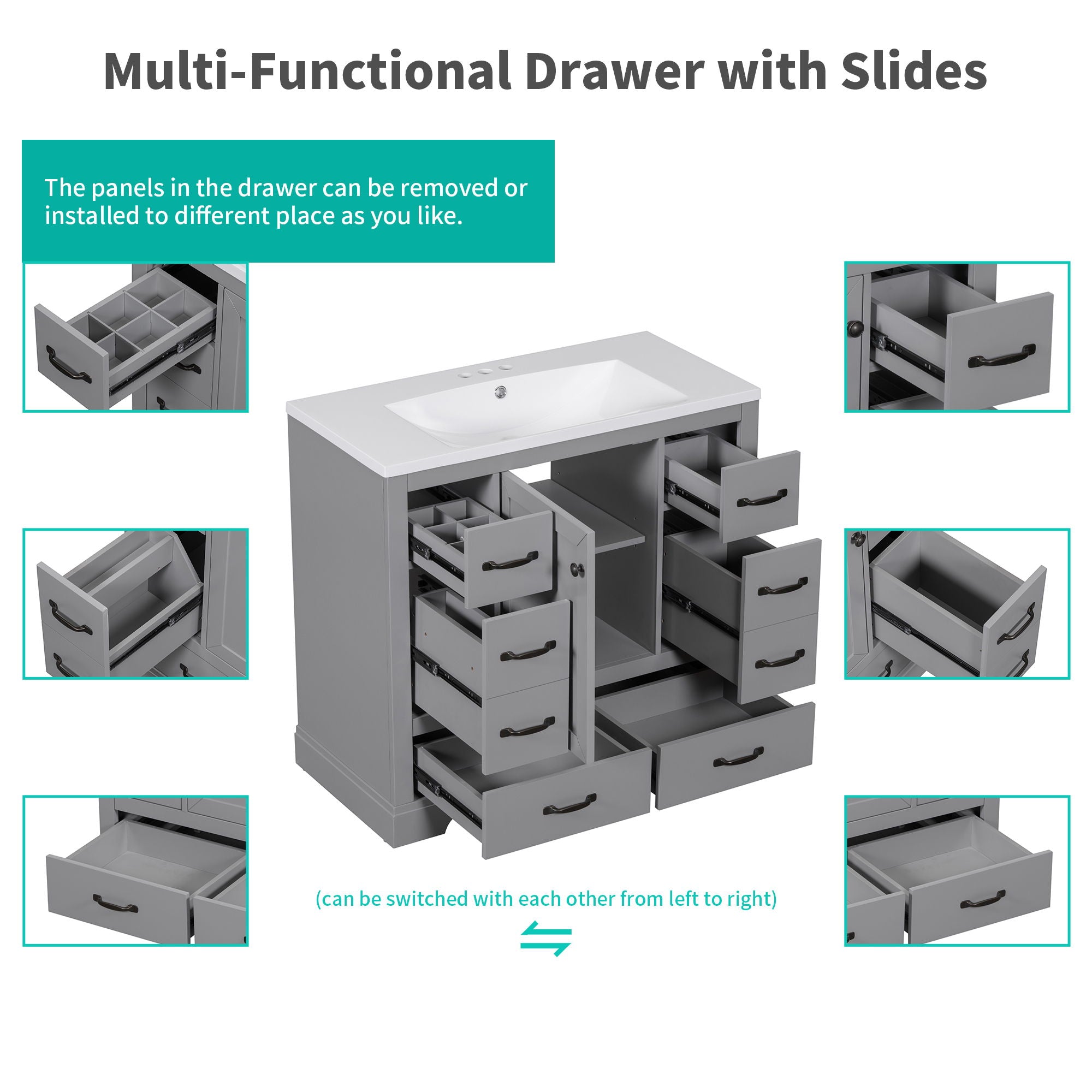 Modern Bathroom Vanity With Sink, 6 Drawers, Adjustable Shelf