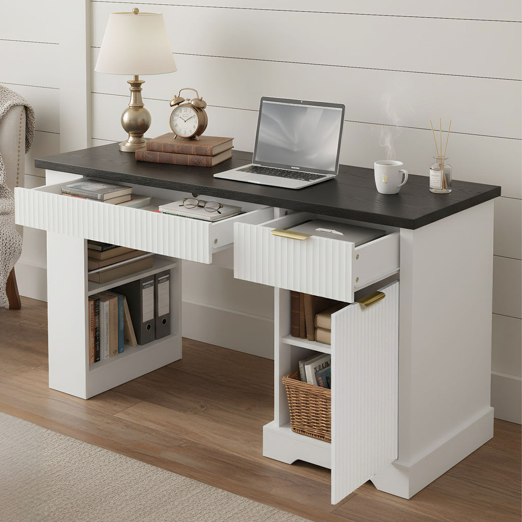 Modern Fluted Office Desk With Storage Cabinet
