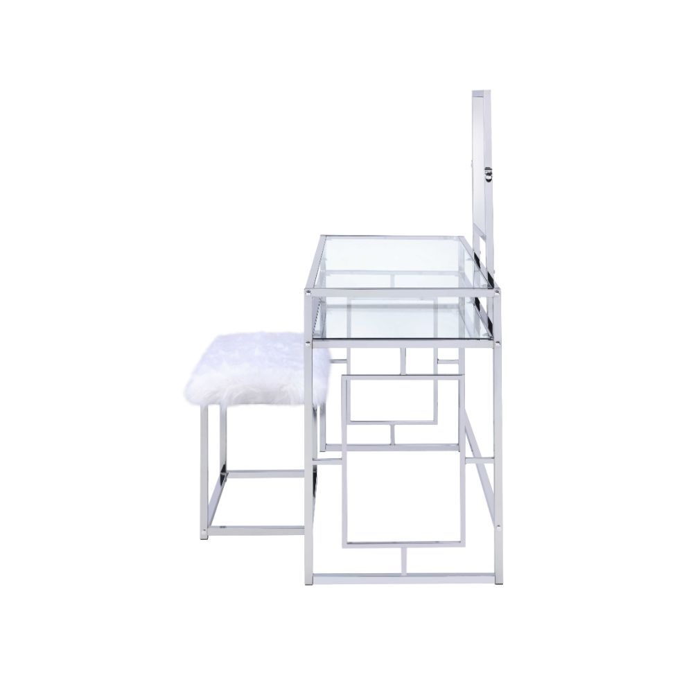 Carenze II - Vanity Set - White Faux Fur & Chrome