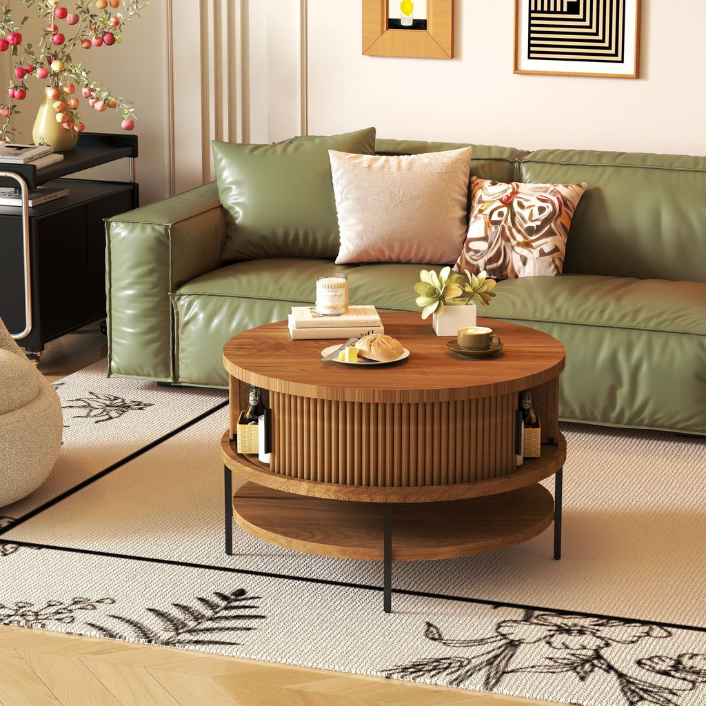 Flip-Top Round Coffee Table With Storage - Brown