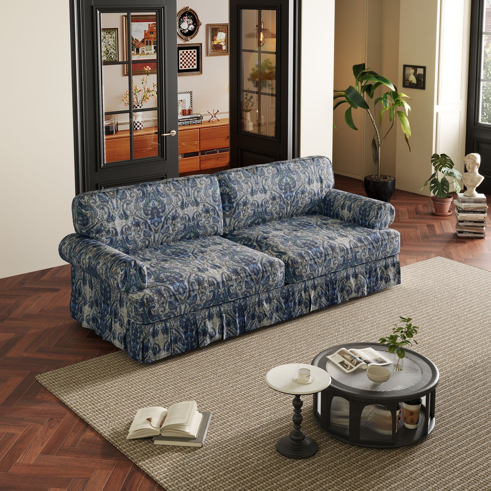 Luxuriously Comfortable Cloud Couch With Elegant Rolled Arms & Pleated Skirt Design