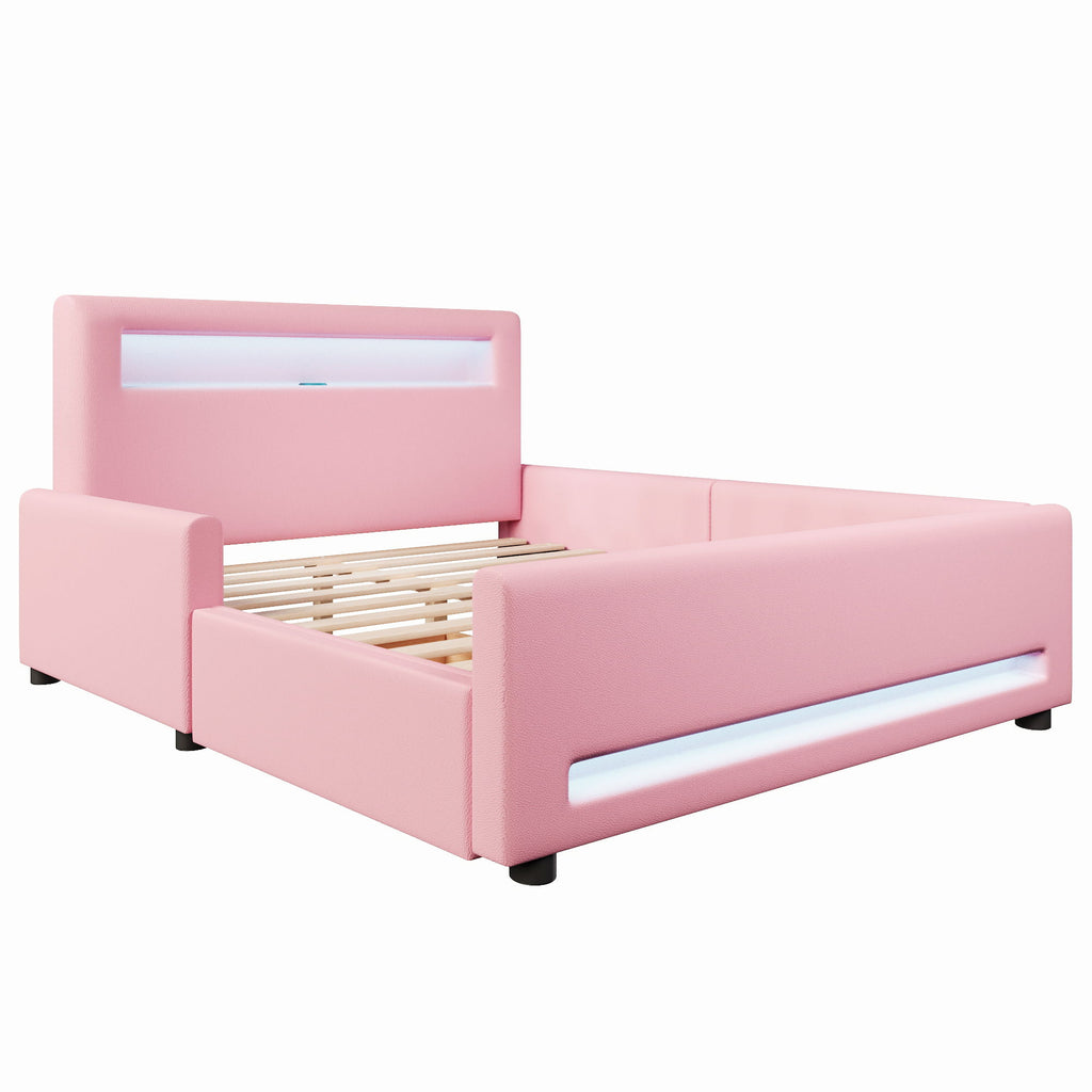 Upholstered Platform Bed With Drawer, LED Light Strip, USB Port