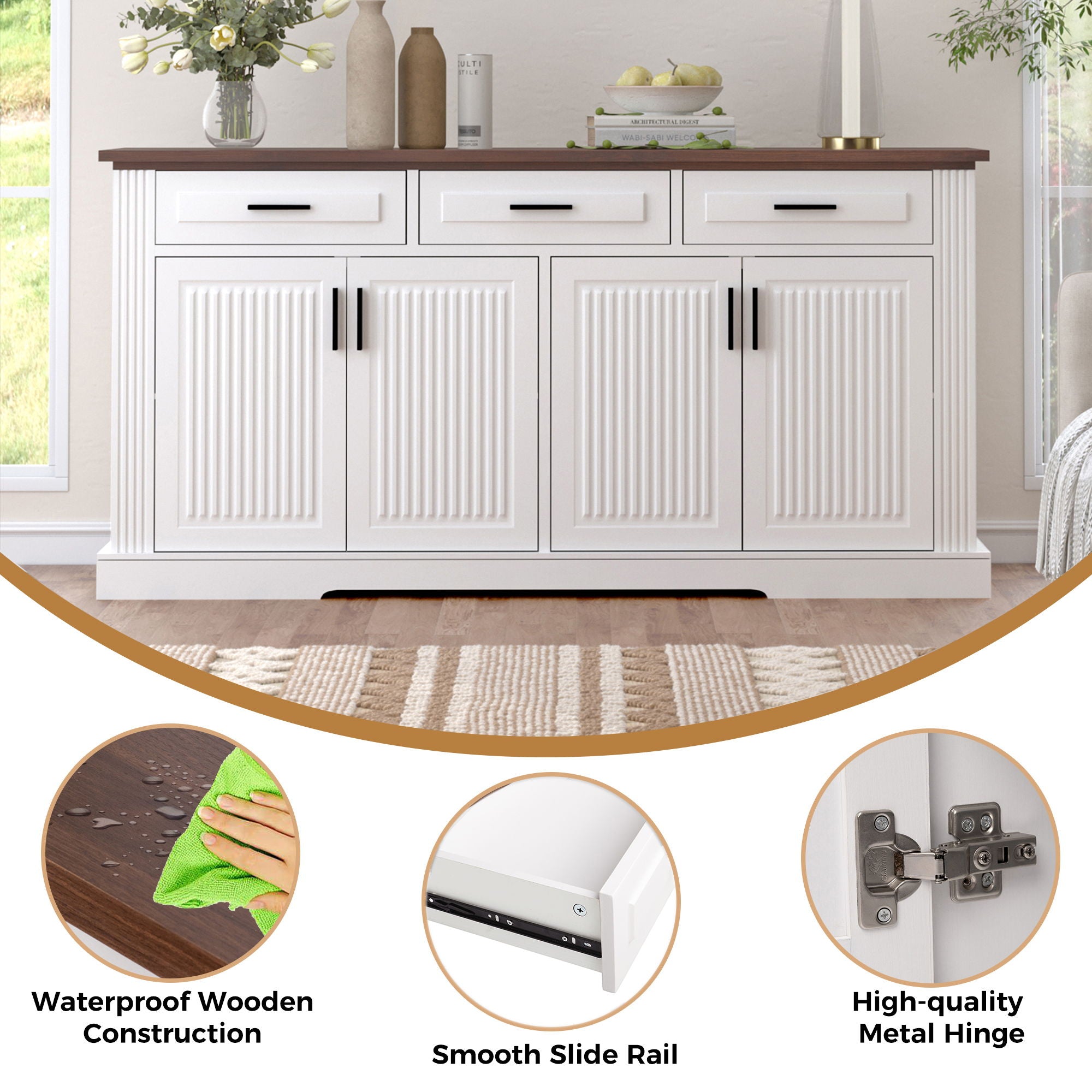 Fluted Sideboard Buffet Cabinet With 4 Doors And 3 Drawers
