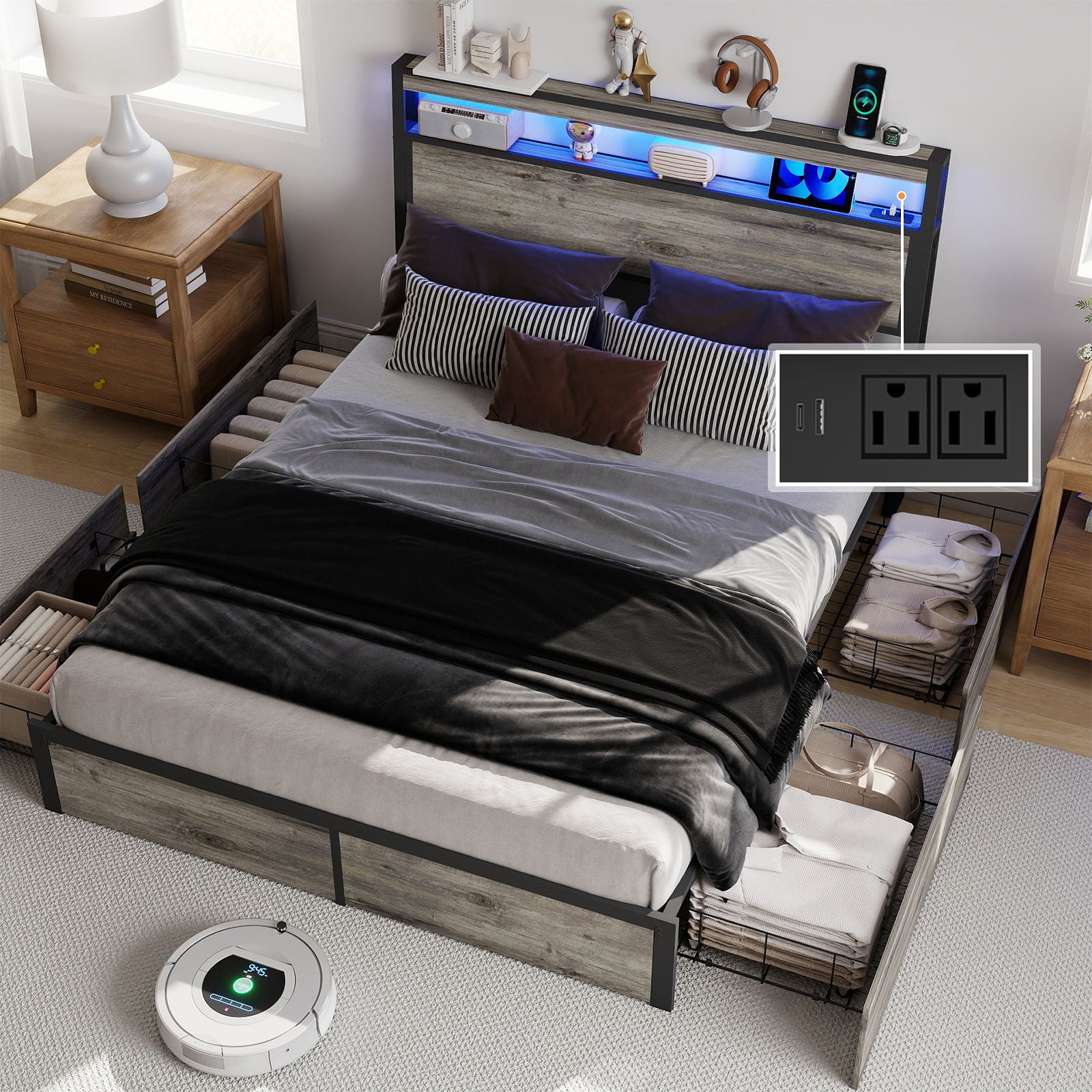 Bed Frame With Headboard, LED Lights & Charging Station