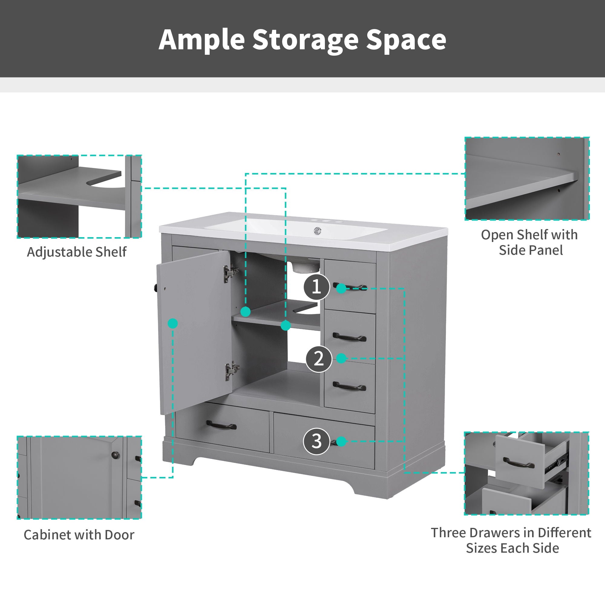 Modern Bathroom Vanity Base Only, 6 Drawer Storage With Adjustable Shelf