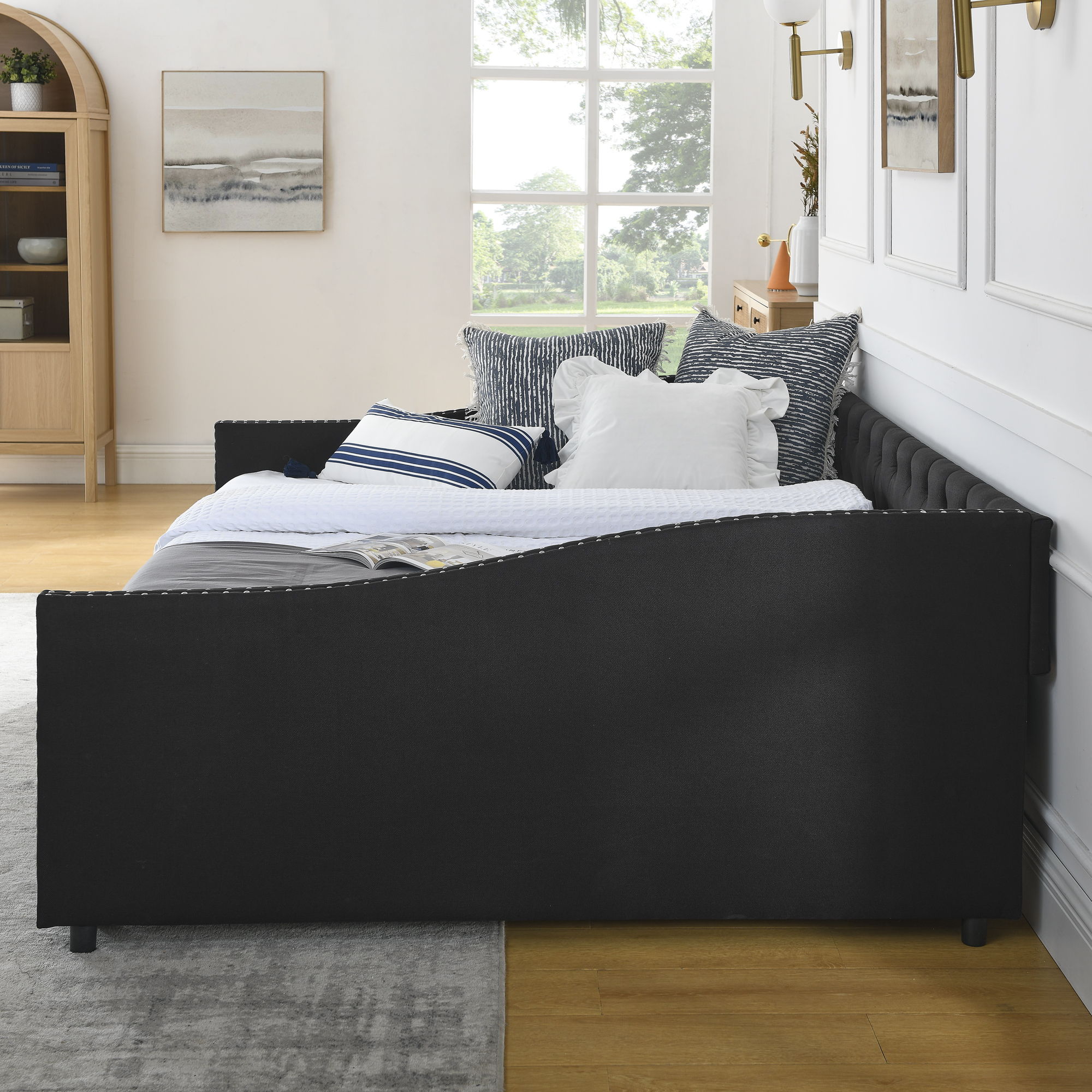 Upholstered Tufted Daybed With 2 Drawers, Waved Arms