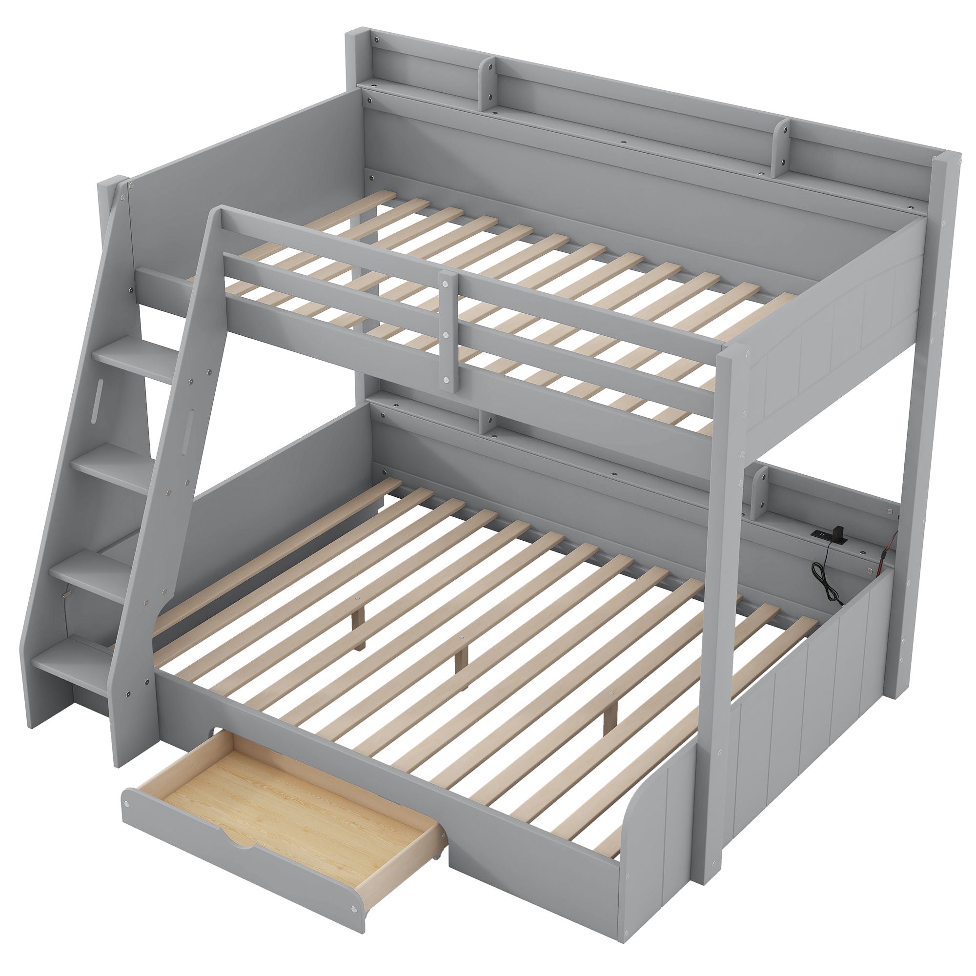 Bunk Bed With Storage Shelves, LED Lighting, Charging Station And Drawer