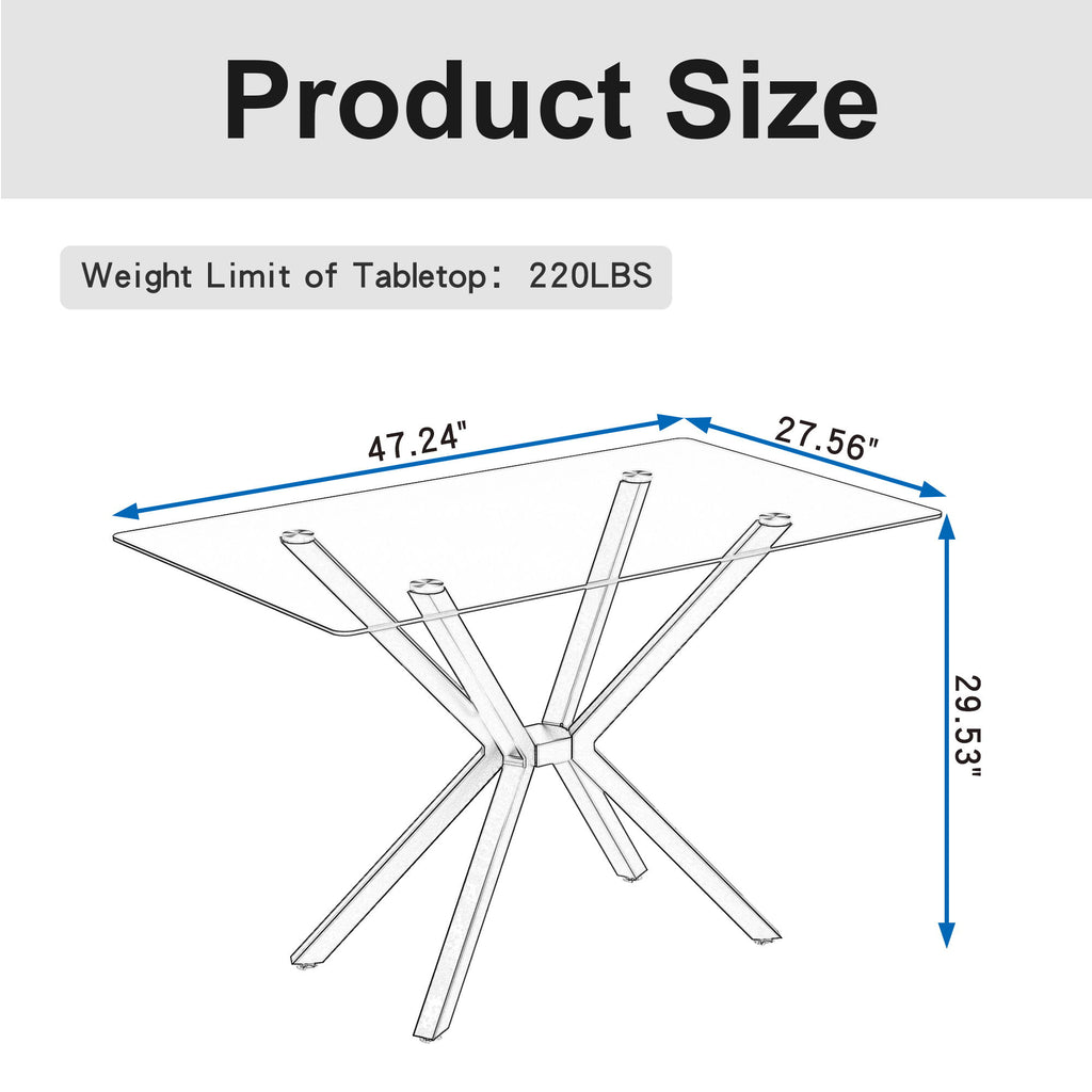 Rectangular Clear Tempered Glass Dining Table, Stylish Design With Plated Metal Legs