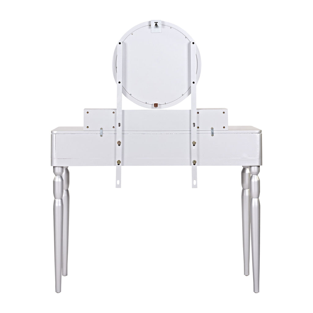Luxury Vanity Desk With Round Mirror Height Adjustable Dressing Table Set Engineered Wood - Silver