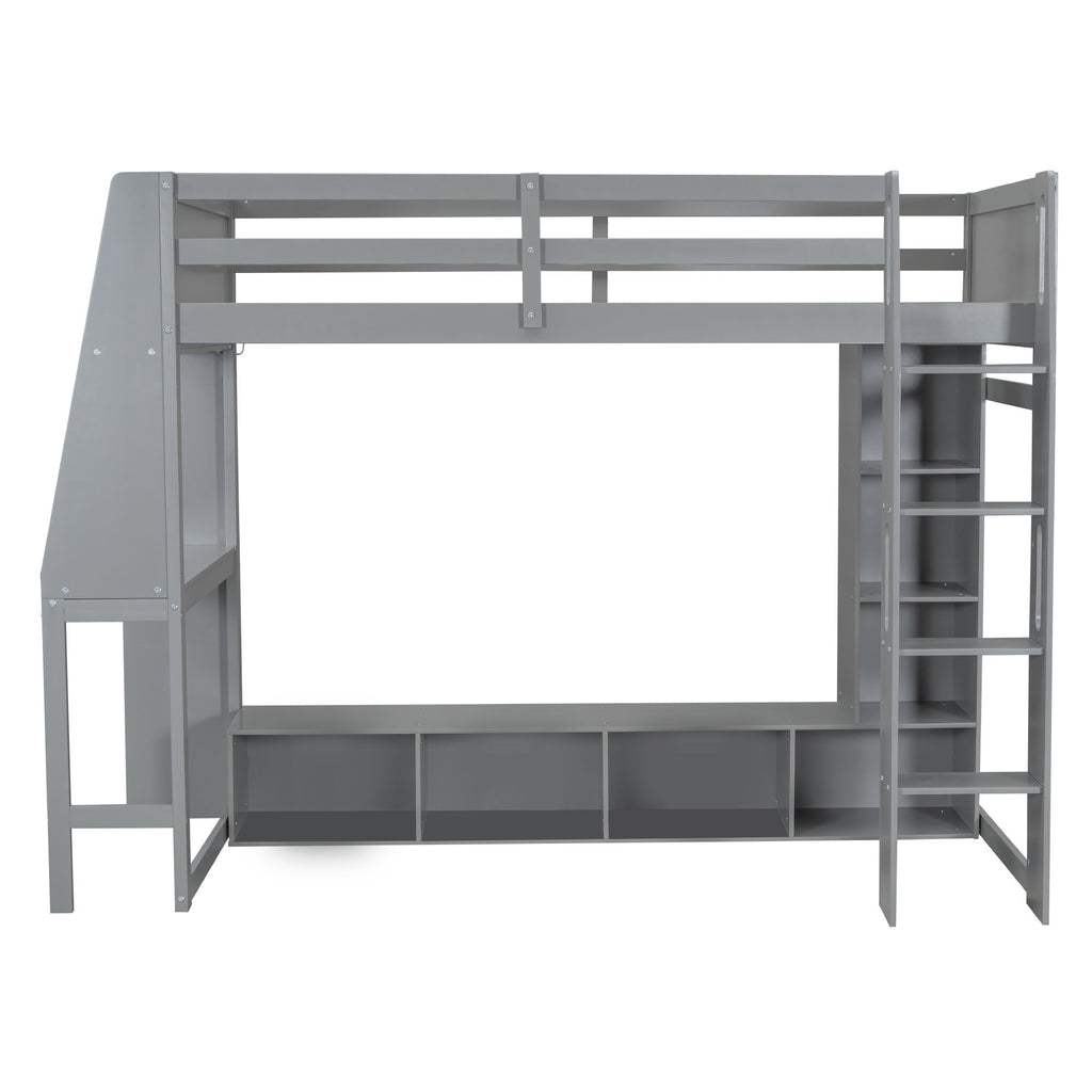 Gaming Loft Bed With Desk, Multi Storage Shelves, LED Lighting, And Hanging Clothes Rack