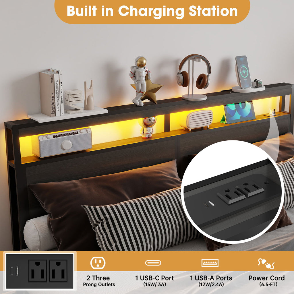 Bed Frame With Headboard, LED Lights & Charging Station