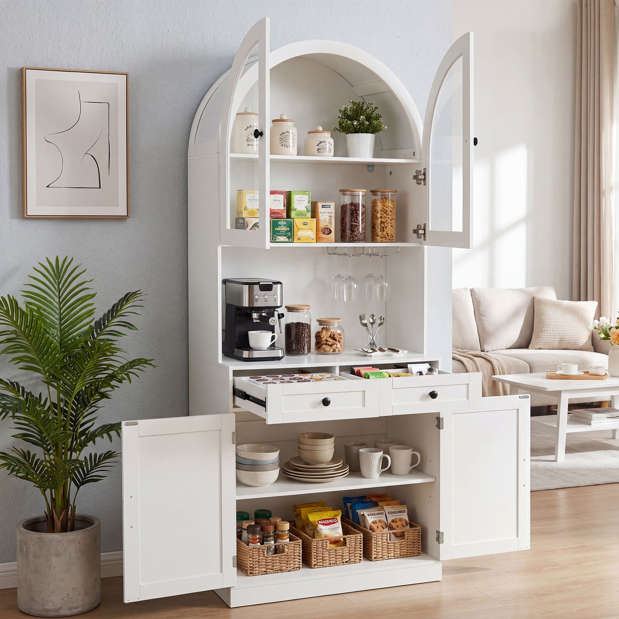Tall Arched Pantry Cabinet With Charging Station, Adjustable Shelves, Coffee Bar