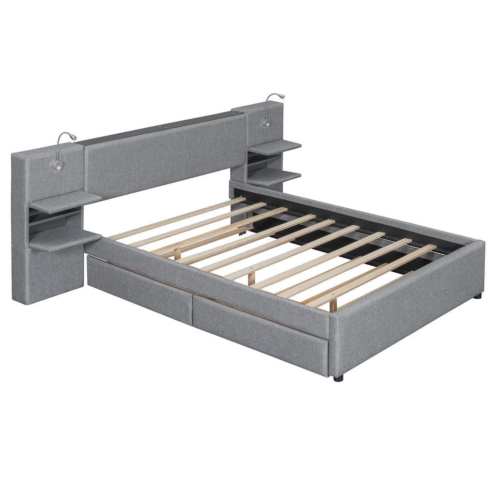 Upholstered Platform Bed With Reading Lights, Drawers, Trundle And Shelves