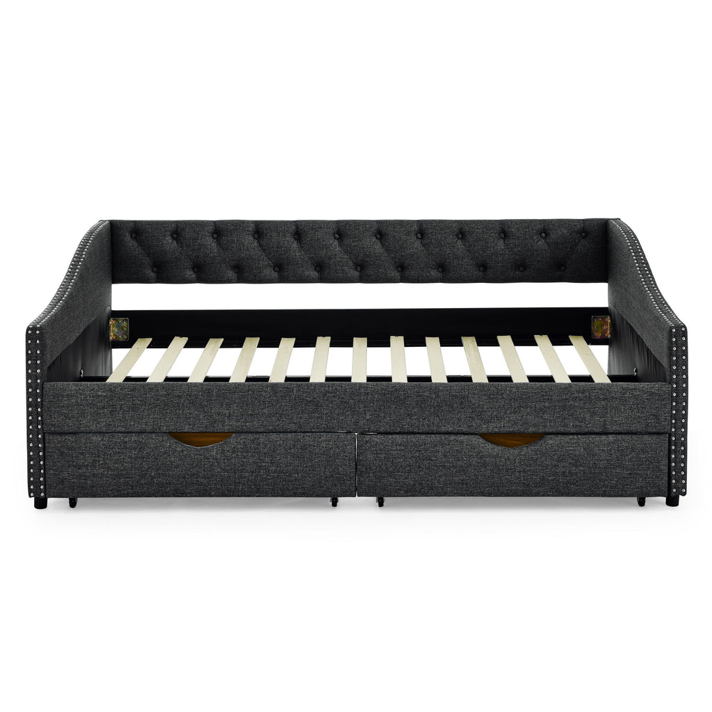 Upholstered Tufted Daybed With Drawers, Waved Arms