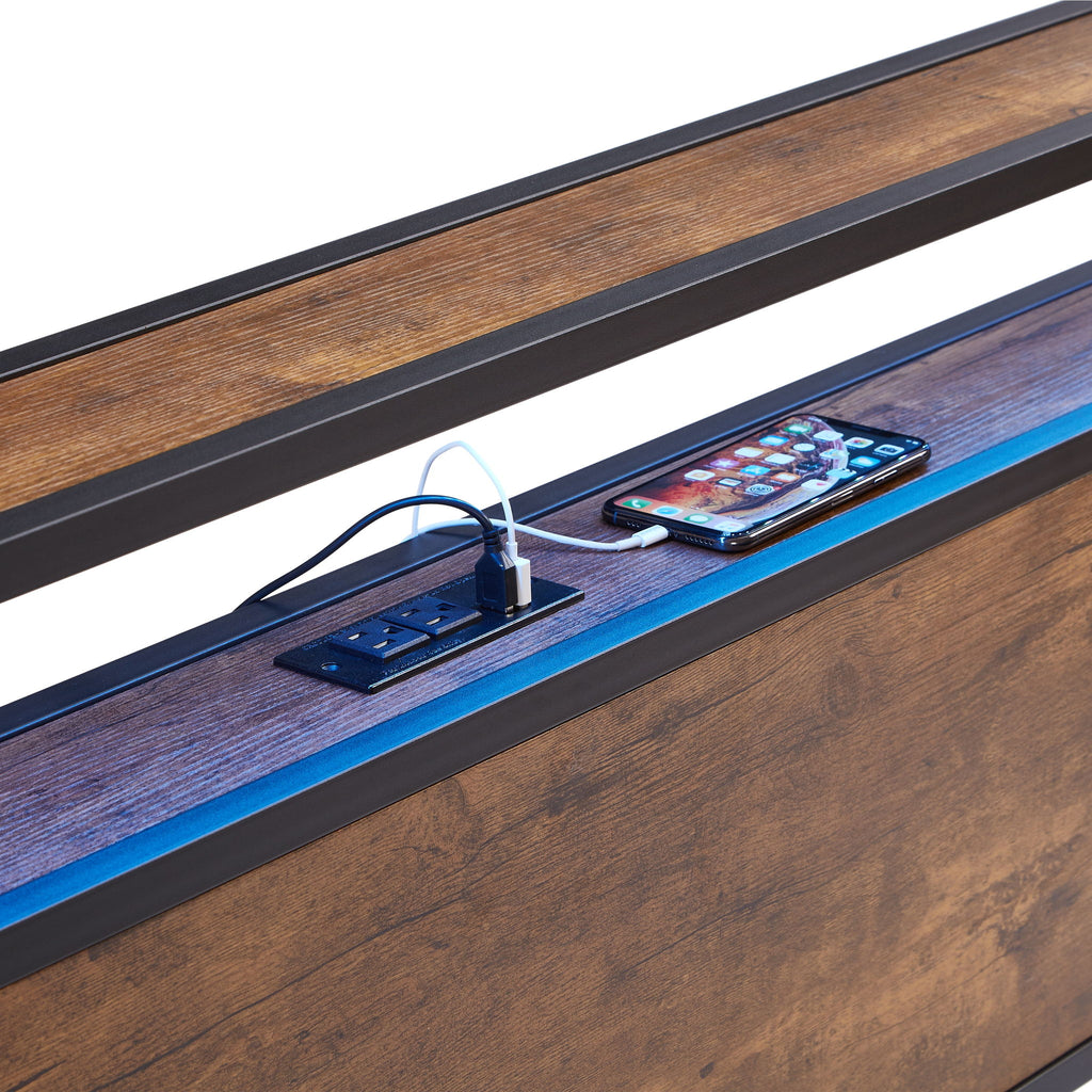 Modern Metal Platform Bed Frame With Wooden Headboard And Footboard, USB Charging Station, LED Lights, 2 Drawers