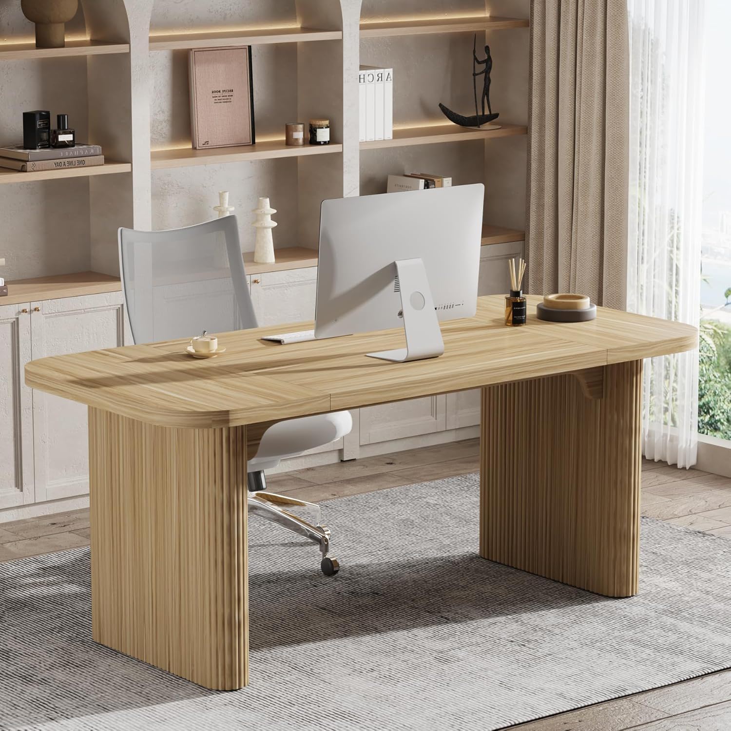 Executive Desk, Large Home Office Computer Workstation With Sturdy Double Pedestal Base, Simple Rectangular Writing & Study Table - Natural Wood