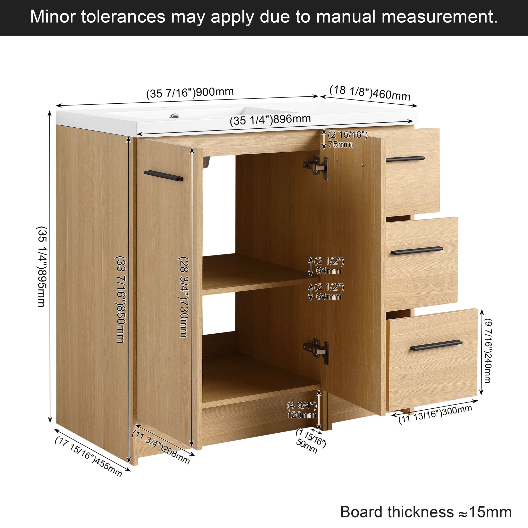 Freestanding Bathroom Vanity Set With Tall Linen Cabinet, 3 Drawers And Large Storage, Single Sink