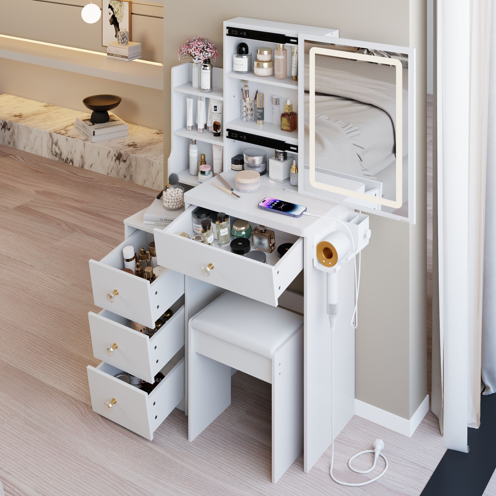 Cabinet Vanity Table & Cushioned Stool, USB Power Station, Hair Dryer Bracket - White