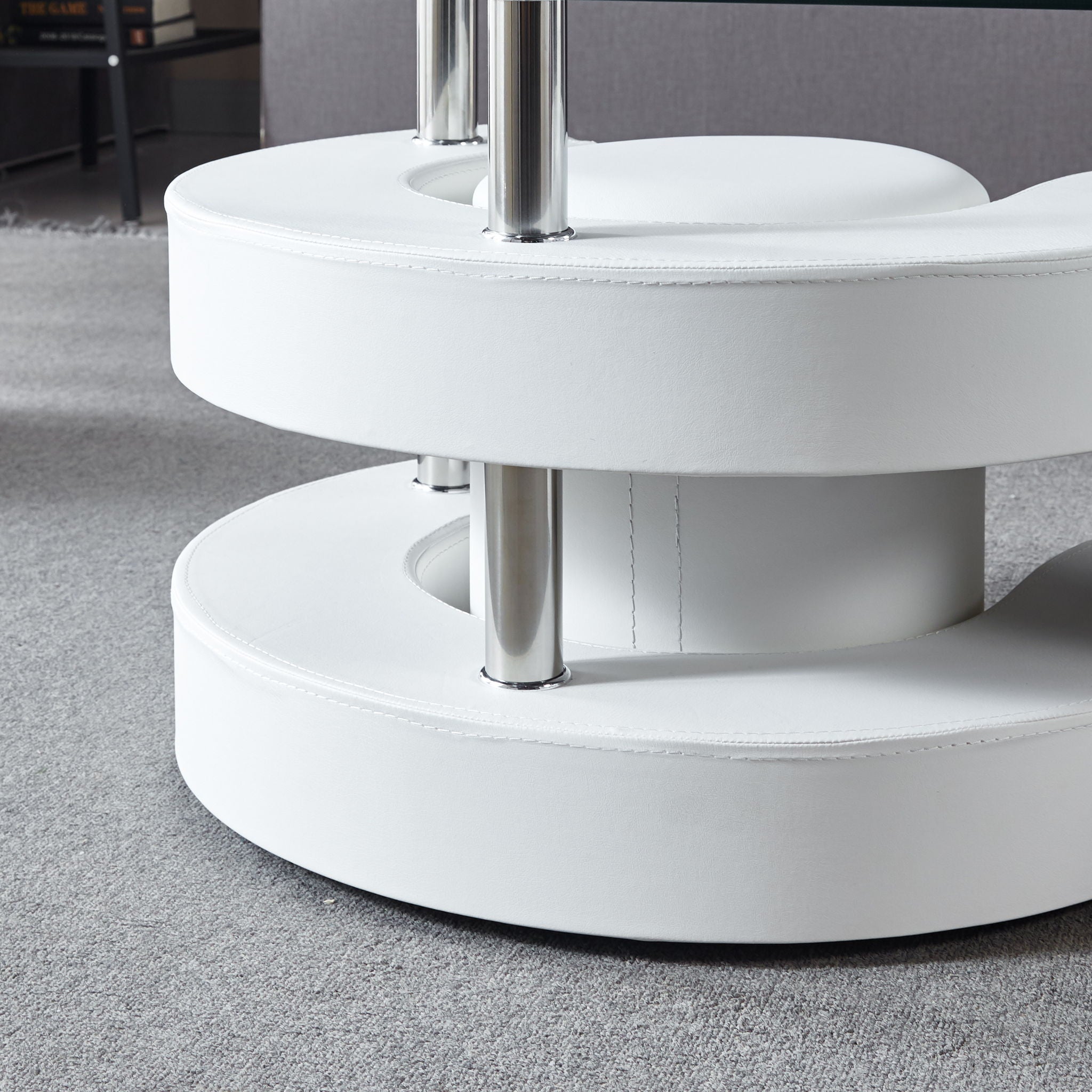 3 Pieces Coffee Table Set, Oval 10 Mm / Thick Tempered Glass Table And 2 Stools - White