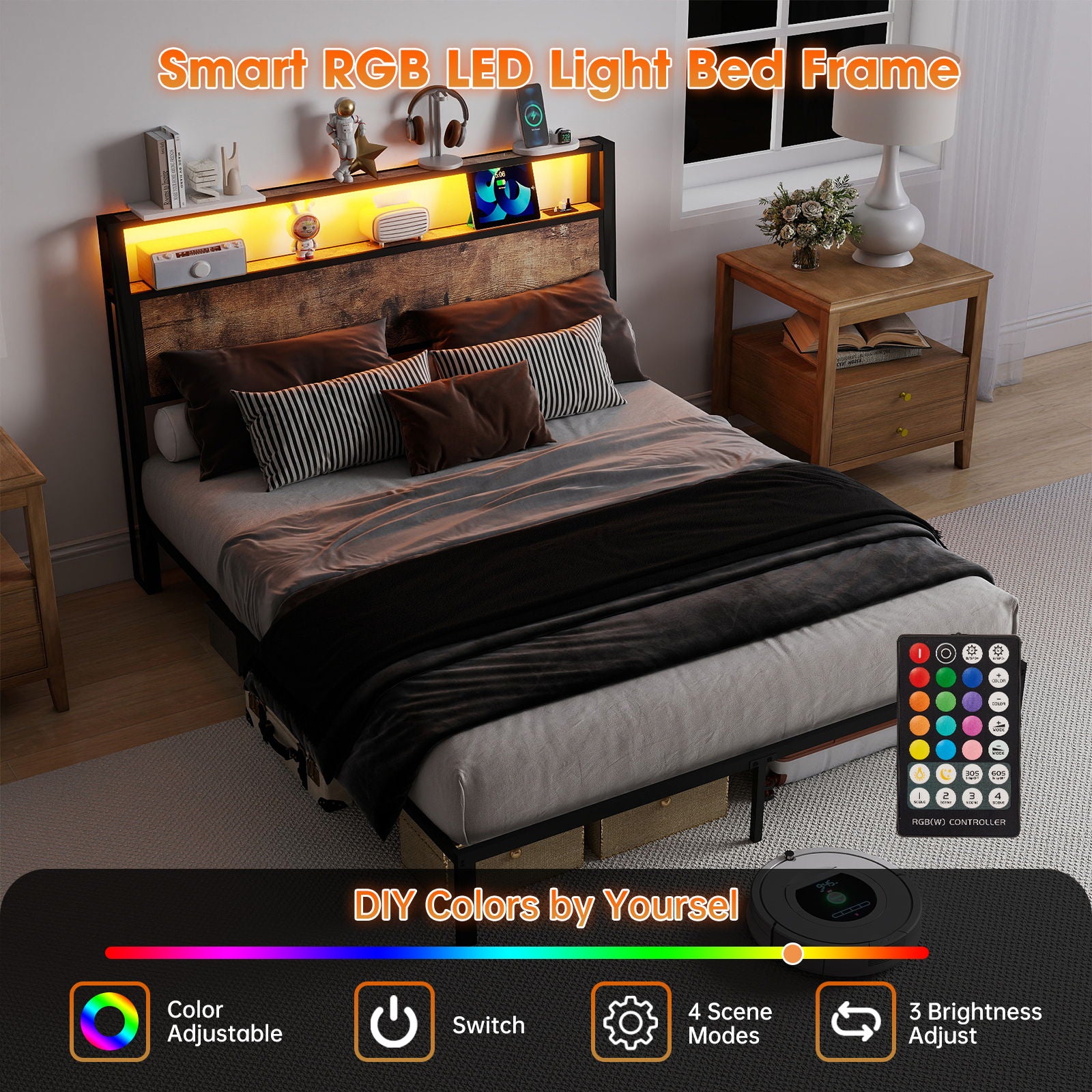 Bed Frame With Headboard, LED Lights & Charging Station