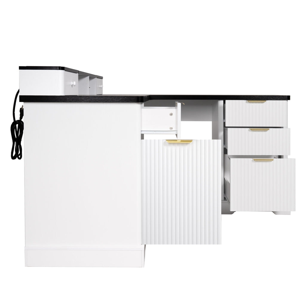 Fluted L-Shaped Desk With Charging Station & Storage Cabinet