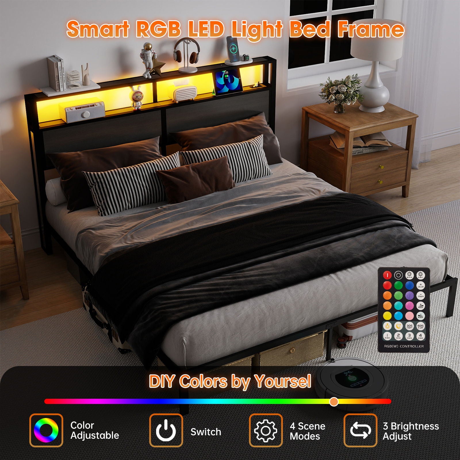 Bed Frame With Headboard, LED Lights & Charging Station