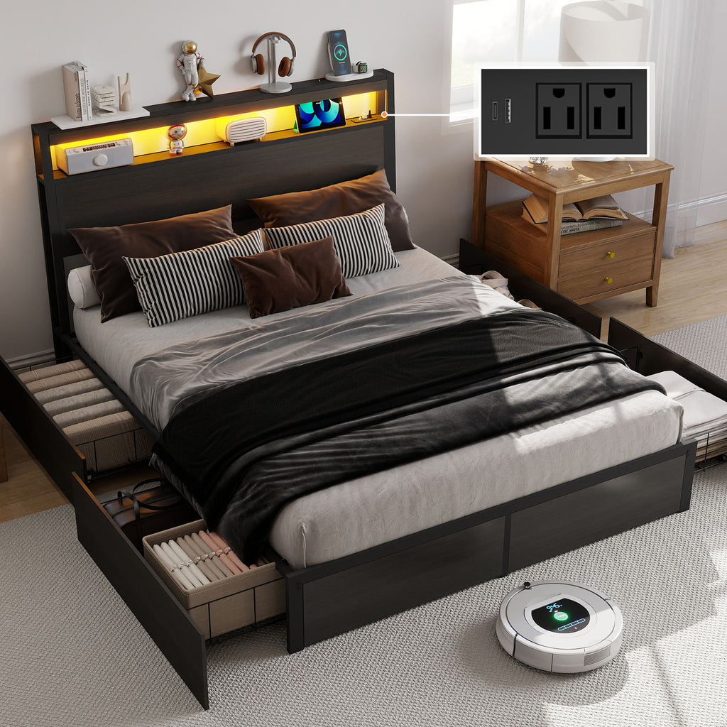 Bed Frame With Headboard, LED Lights & Charging Station