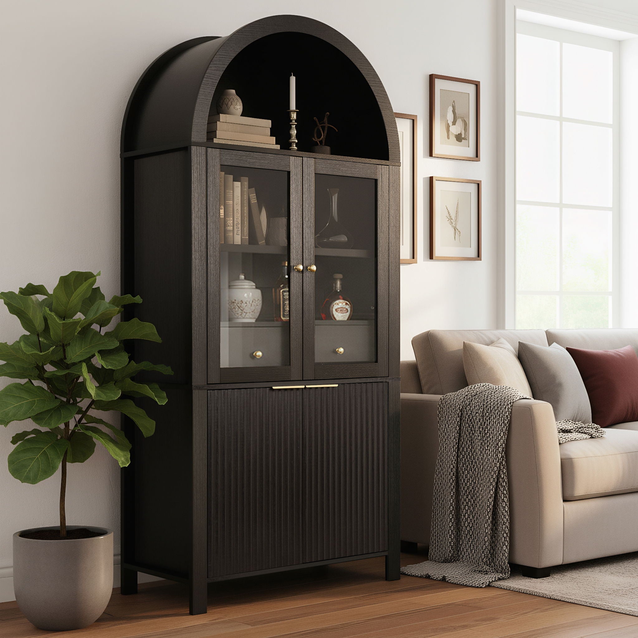 Fluted Tall Arched Pantry Cabinet With Adjustable Shelves
