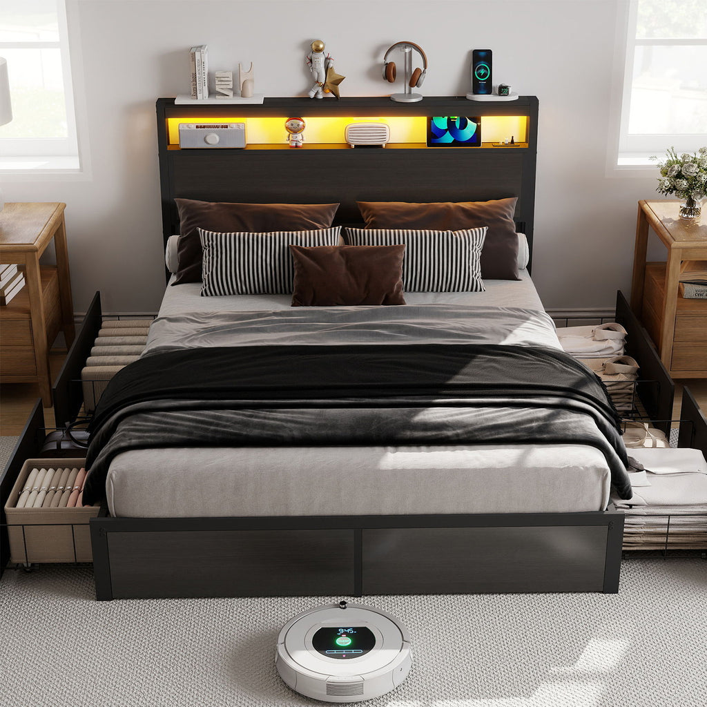 Bed Frame With Headboard, LED Lights & Charging Station