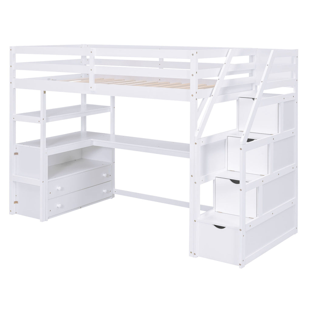 Loft Bed With Desk, Shelves, 2 Drawers, Storage Staircase
