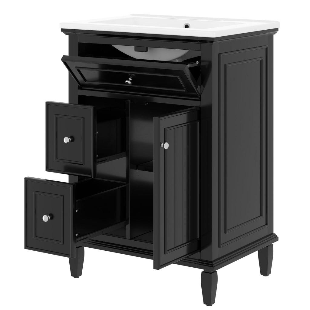 24" Bathroom Vanity With Sink, Cabinet, Adjustable Shelf, Flip Drawer & 2 Drawers - Black