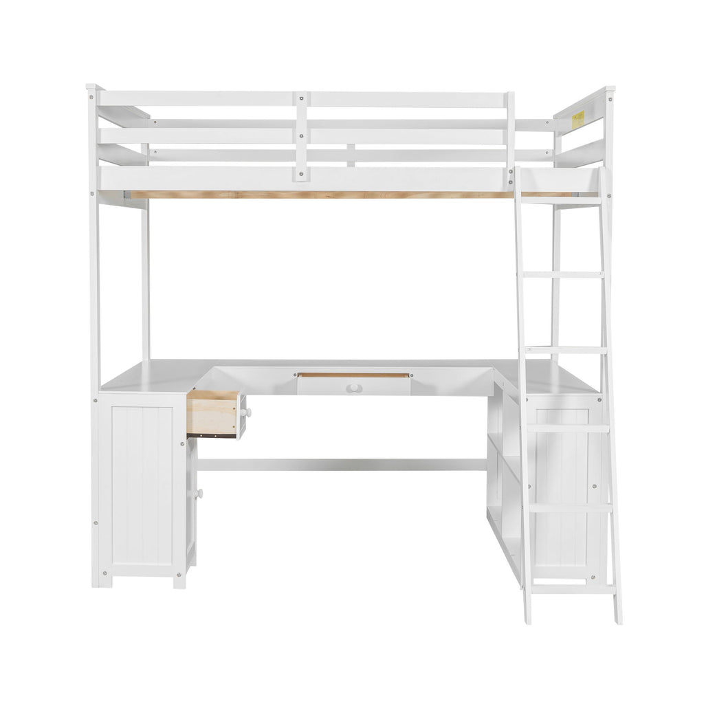 Loft Bed With U Shaped Desk, Drawers, And Storage Shelves