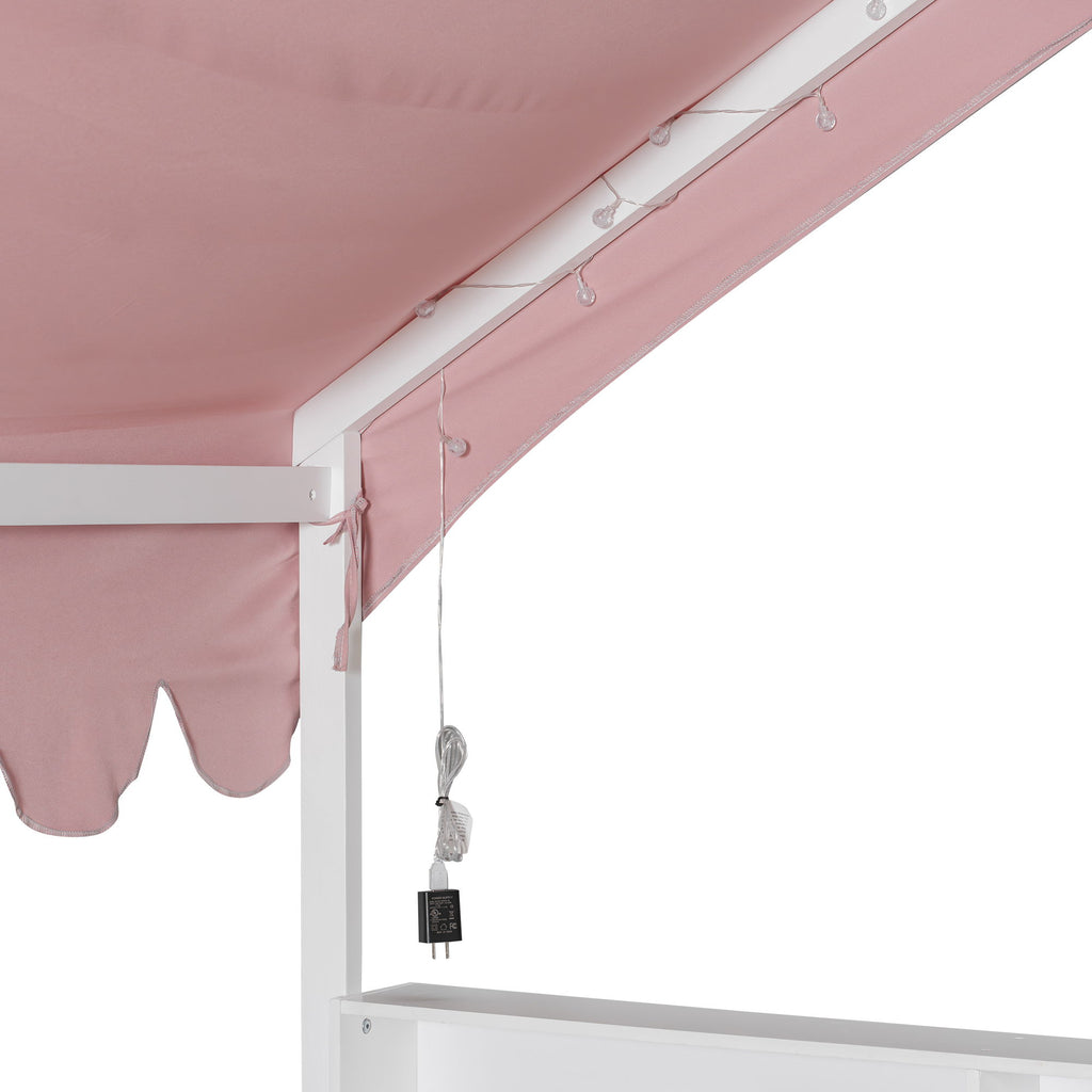 House Shaped Floor Bed With Fense, 3 Storage Bookshelves, Curtain And LED Light