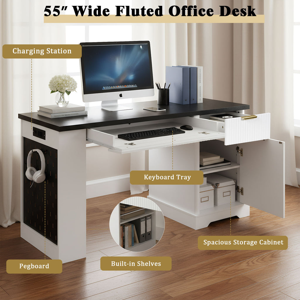 Modern Fluted Office Desk With Storage Cabinet