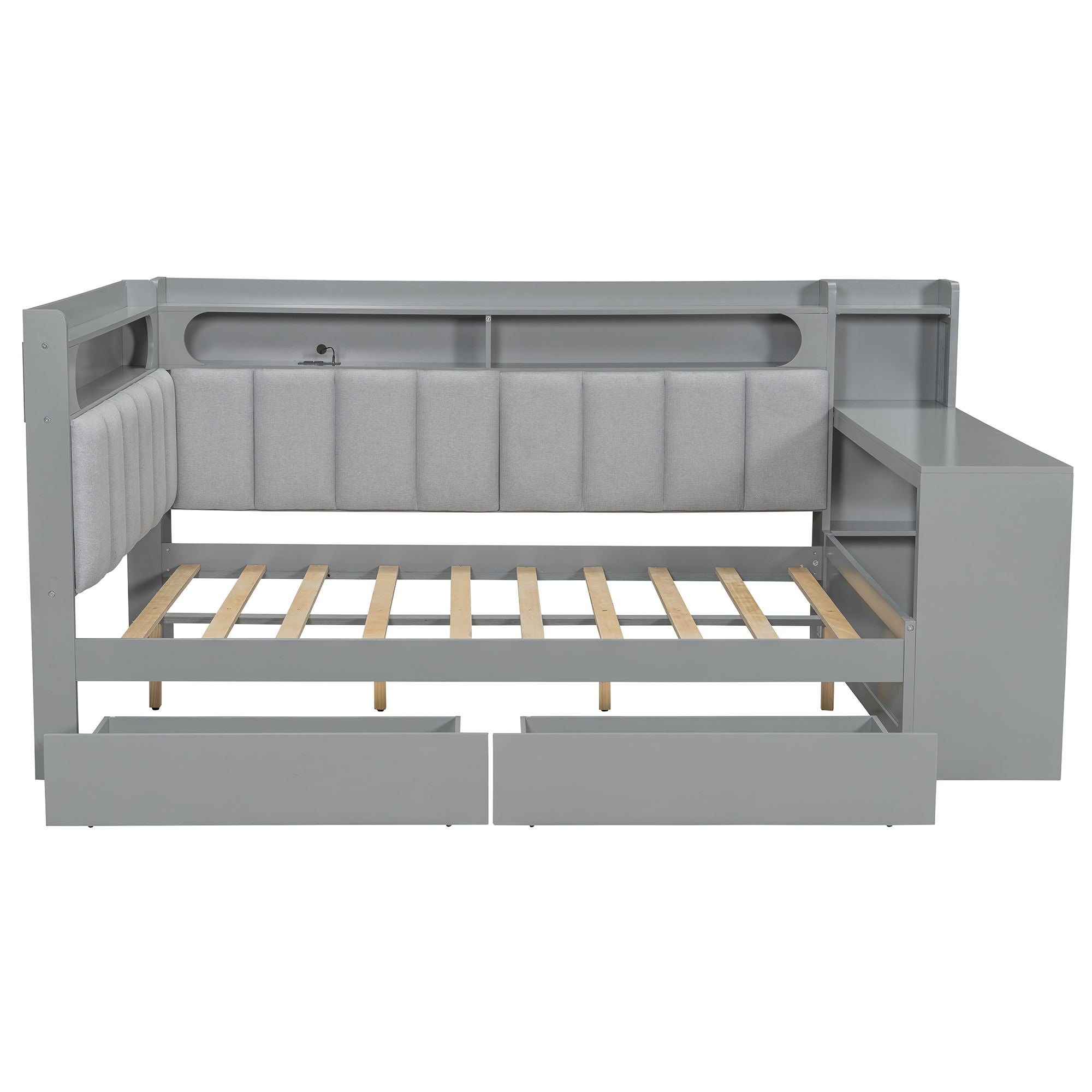 Daybed With Upholstered Headboard, Storage Shelves, Drawers, Charging Station, LED Light, And Adjustable Desk