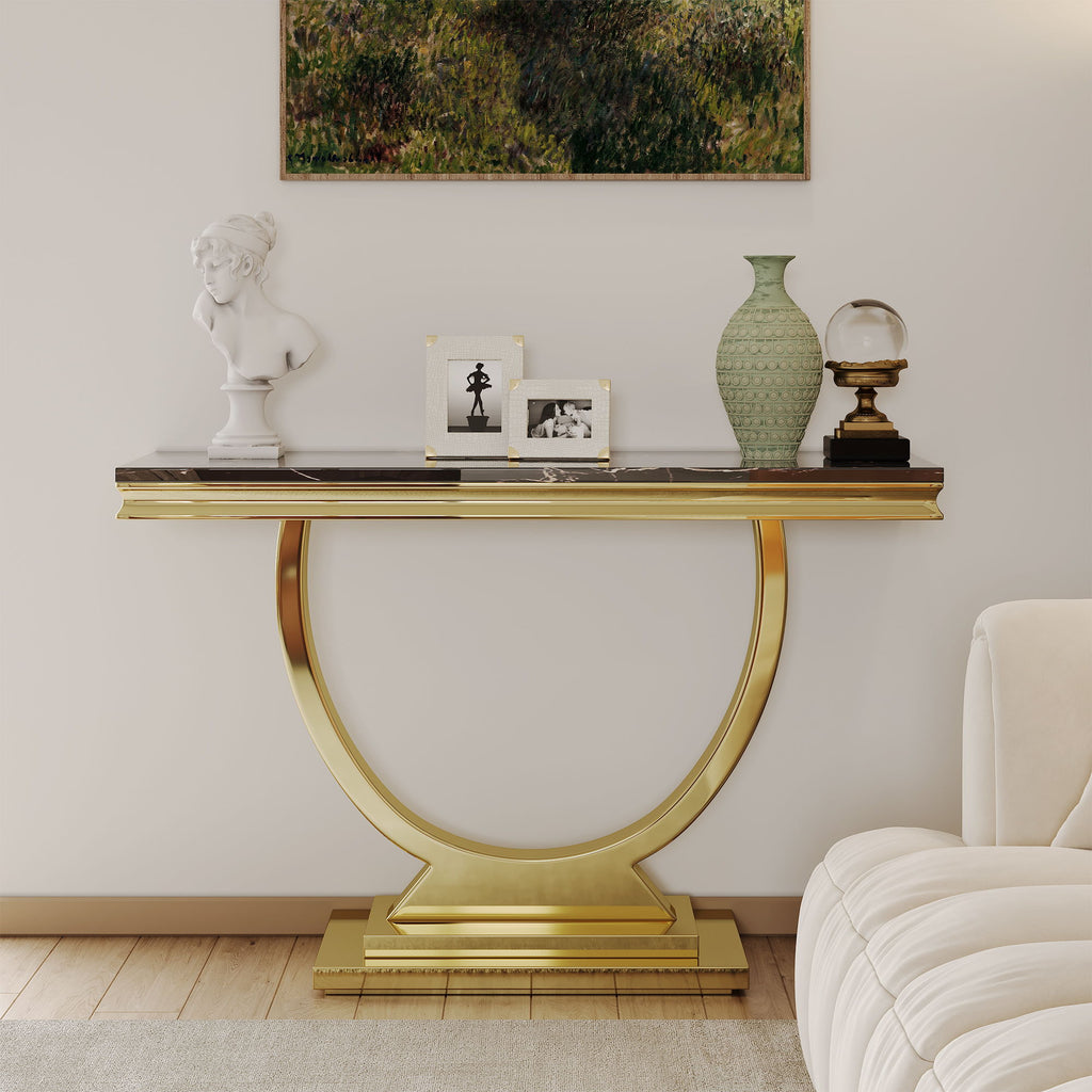 Modern Rectangular Marble Printing Console Table, U Shape Stainless Steel Base - Black