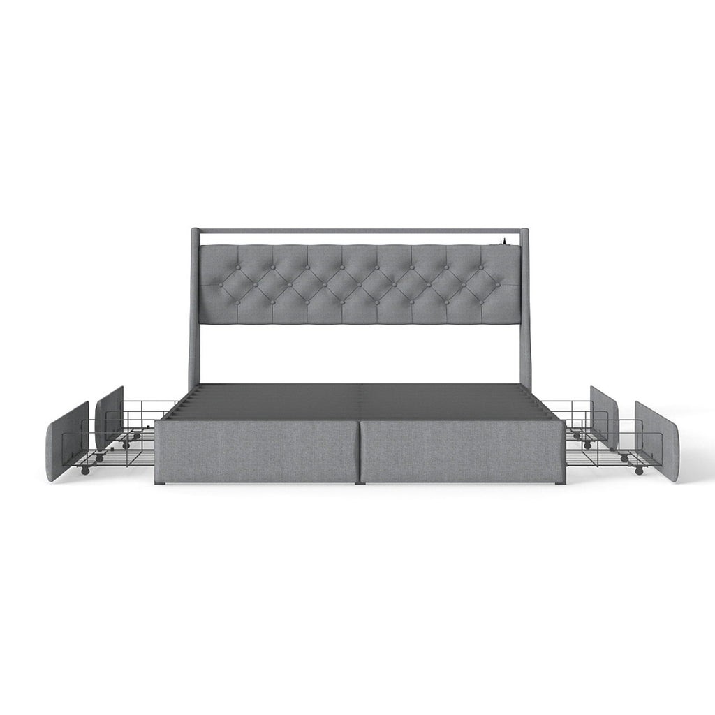 Platform Bed Frame With RGB LED Lights, Charging Station, Storage Headboard & 4 Underbed Drawers