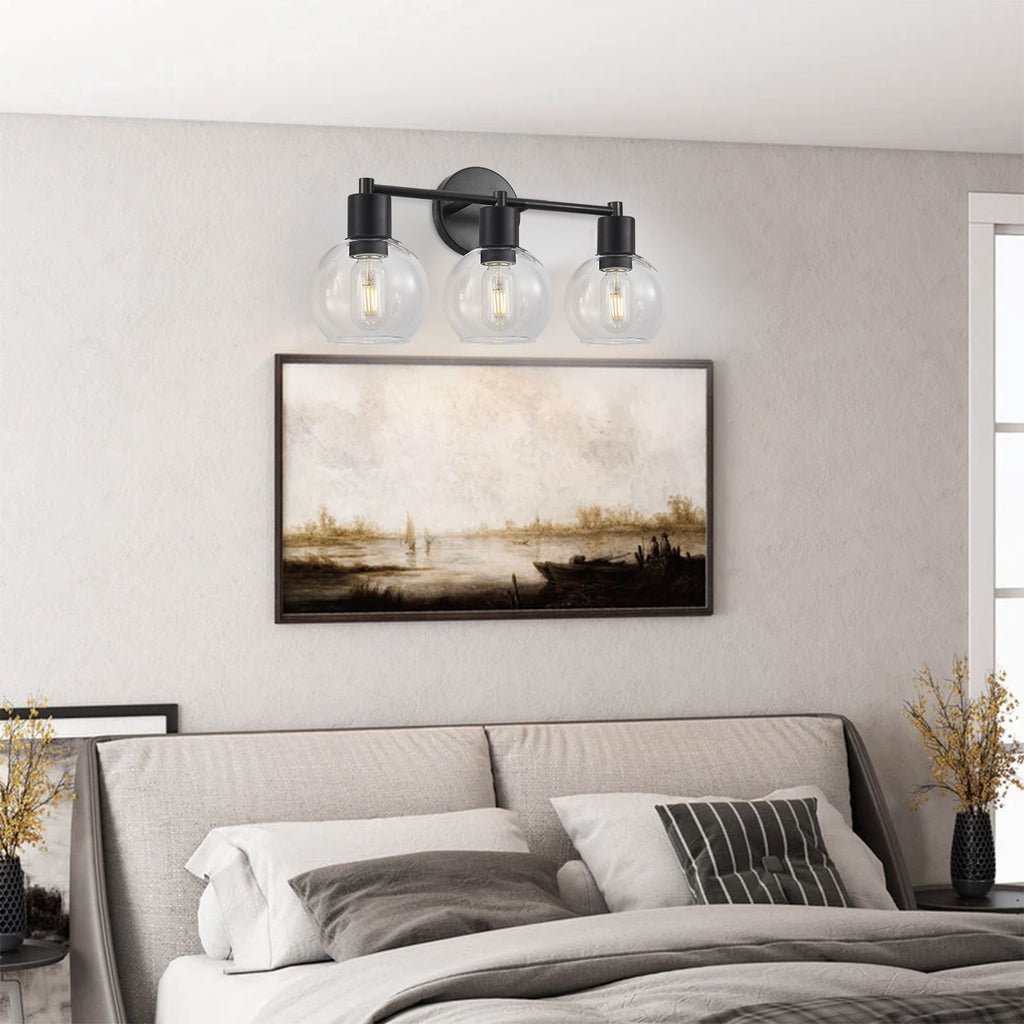 3 Light Globe Bathroom Vanity Light With Clear Glass Shades - Black