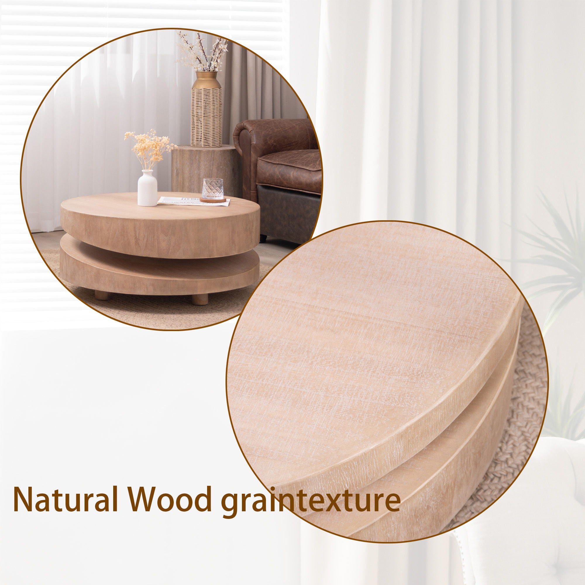 Modern Round Wood Coffee Table, Accent Table For Living Room - Antique Natural / Natural / Rustic