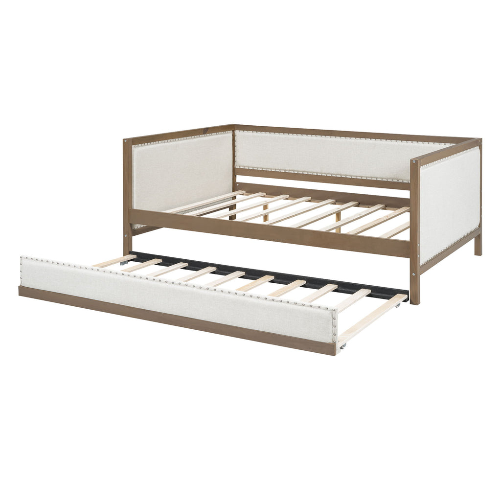 Full Size Daybed With Trundle And Nailhead Decoration - Wood