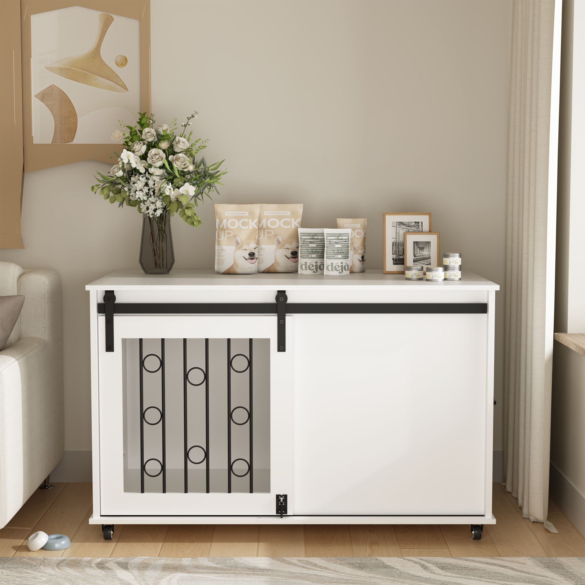 Dog Crate With Sliding Barn Door And Side Access, Lockable Wheels For Small To Medium Dogs - White