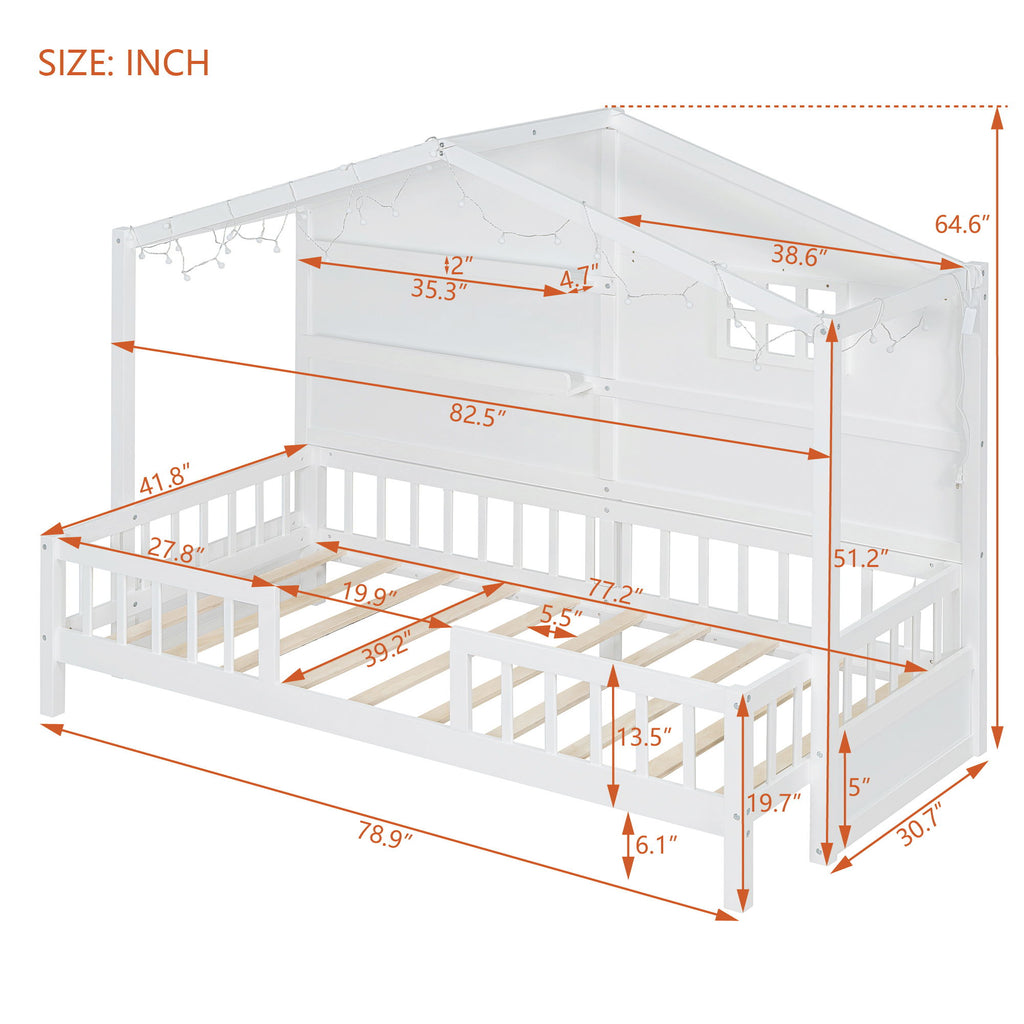 House Bed With Shelves, Window And Sparkling Light Strip On The Roof