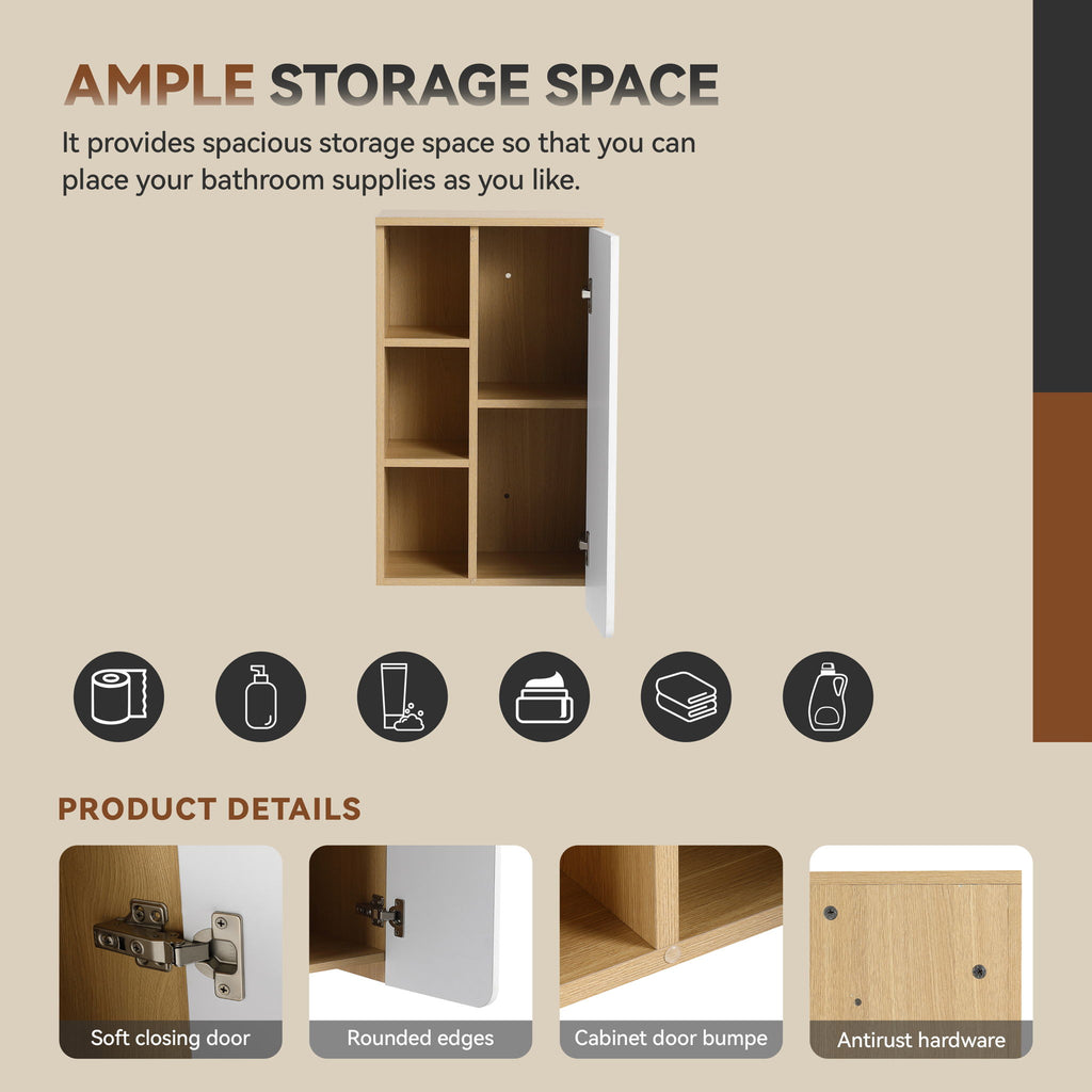Wall Mounted Bathroom Side Cabinet, Single Door With 3 Tier Open Shelves - Black / Light Oak / White