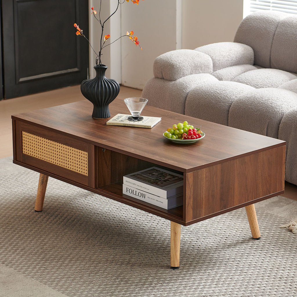 41.34" Rattan Coffee Table, Sliding Door For Storage, Solid Wood Legs, Modern Table For Living Room