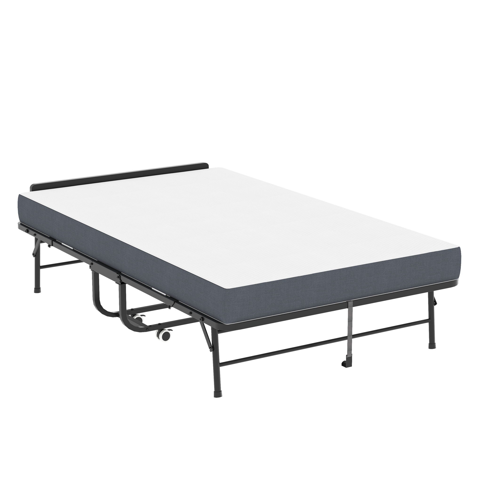 Twin Wide Folding Bed With Adjustable Headboard, Extra Long Rollaway For Tall People, Memory Foam Mattress - Black