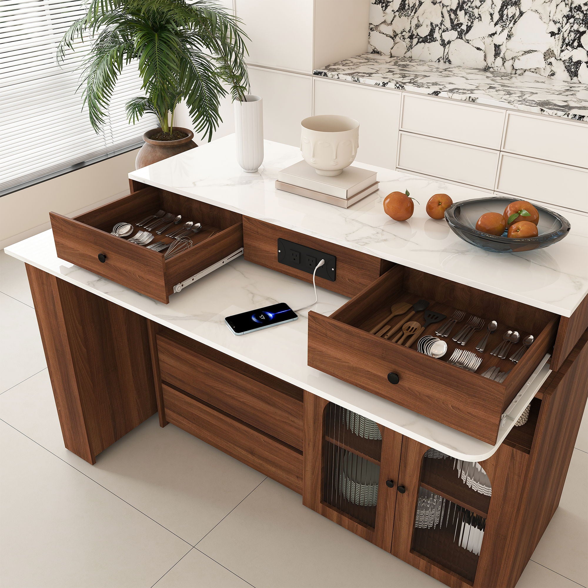 Kitchen Island With Extendable & Rotating Table