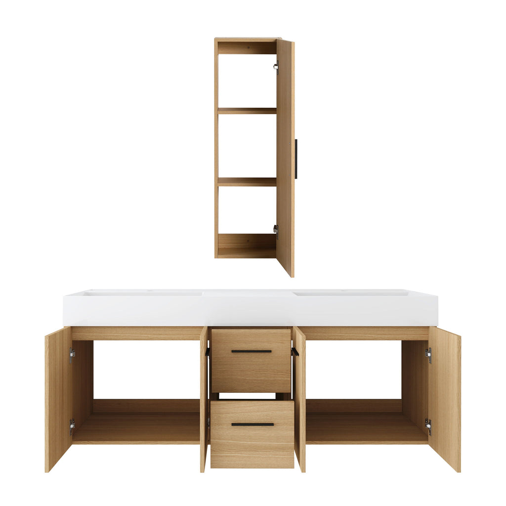 Floating Double Sink Bathroom Vanity Set With Tall Linen Cabinet, Drawers And Doors, Extra Large Storage, Integrated Sink, Soft Close Hardware - Glossy White / Light Oak